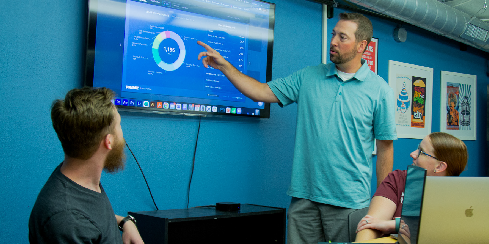 Photo of Gregg Alexander pointing to a digital data dashboard at the PRIME Digital Marketing office