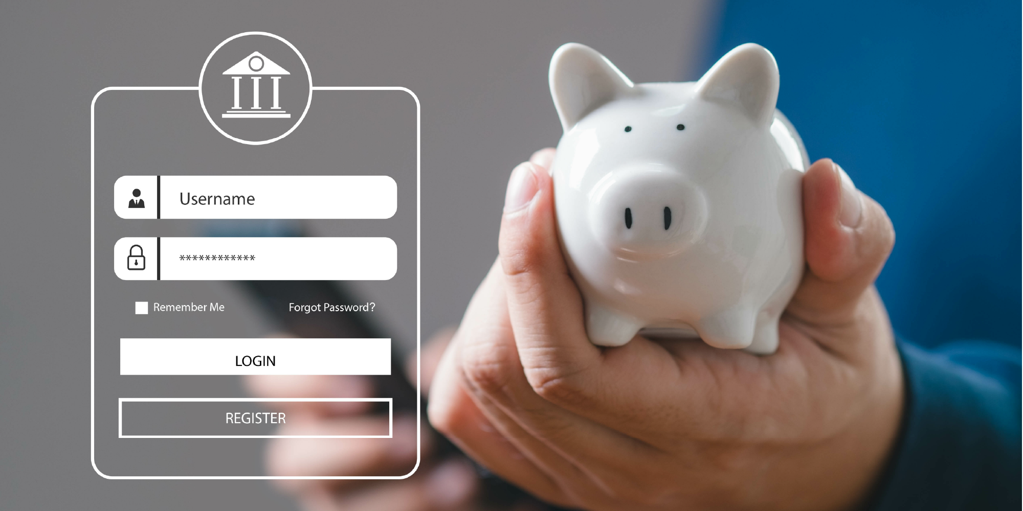 image of screen with bank login info and a hand holding a piggy bank in the background image