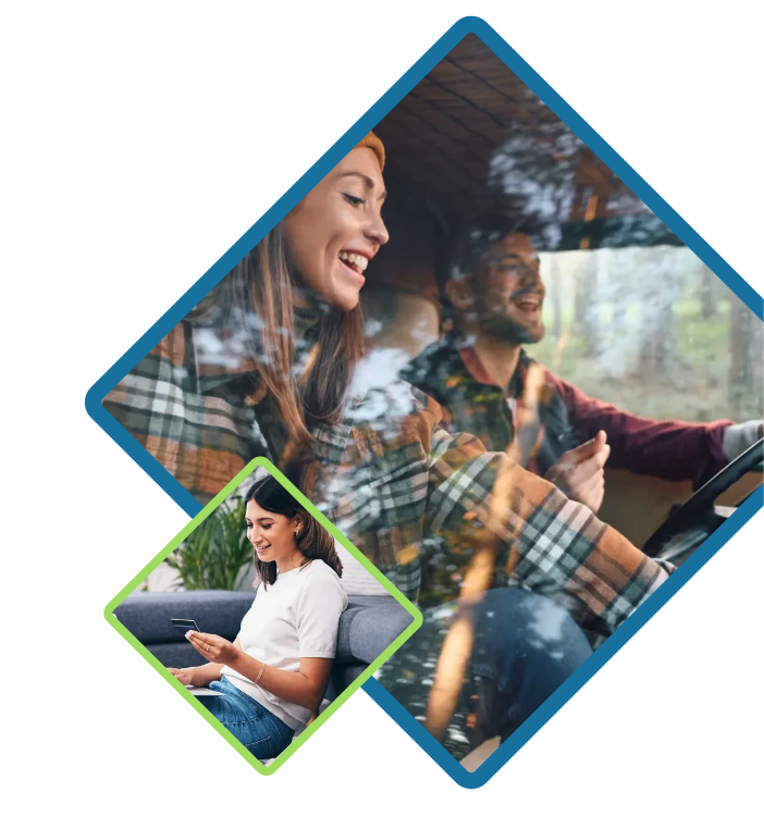 Two MECU-branded photos of people driving and using their cell phones